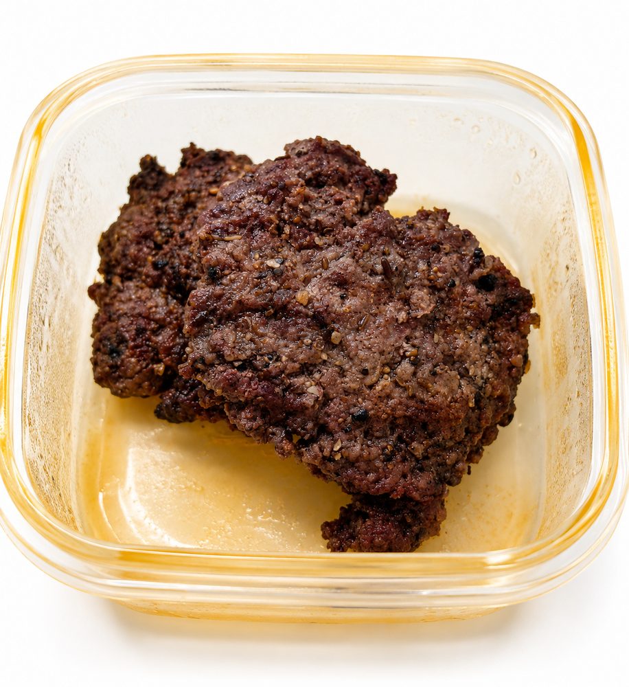 Meal photo sent to NanoRhino: seasoned beef patty in a glass container