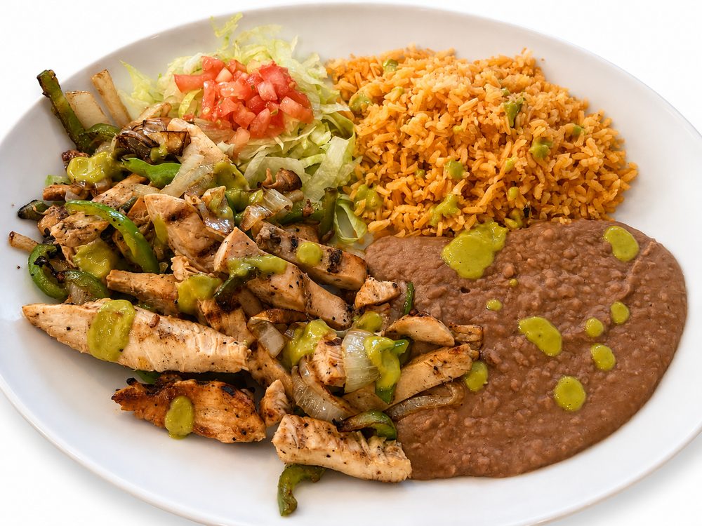 Meal photo sent to NanoRhino: chicken fajita plate with Mexican rice and refried beans